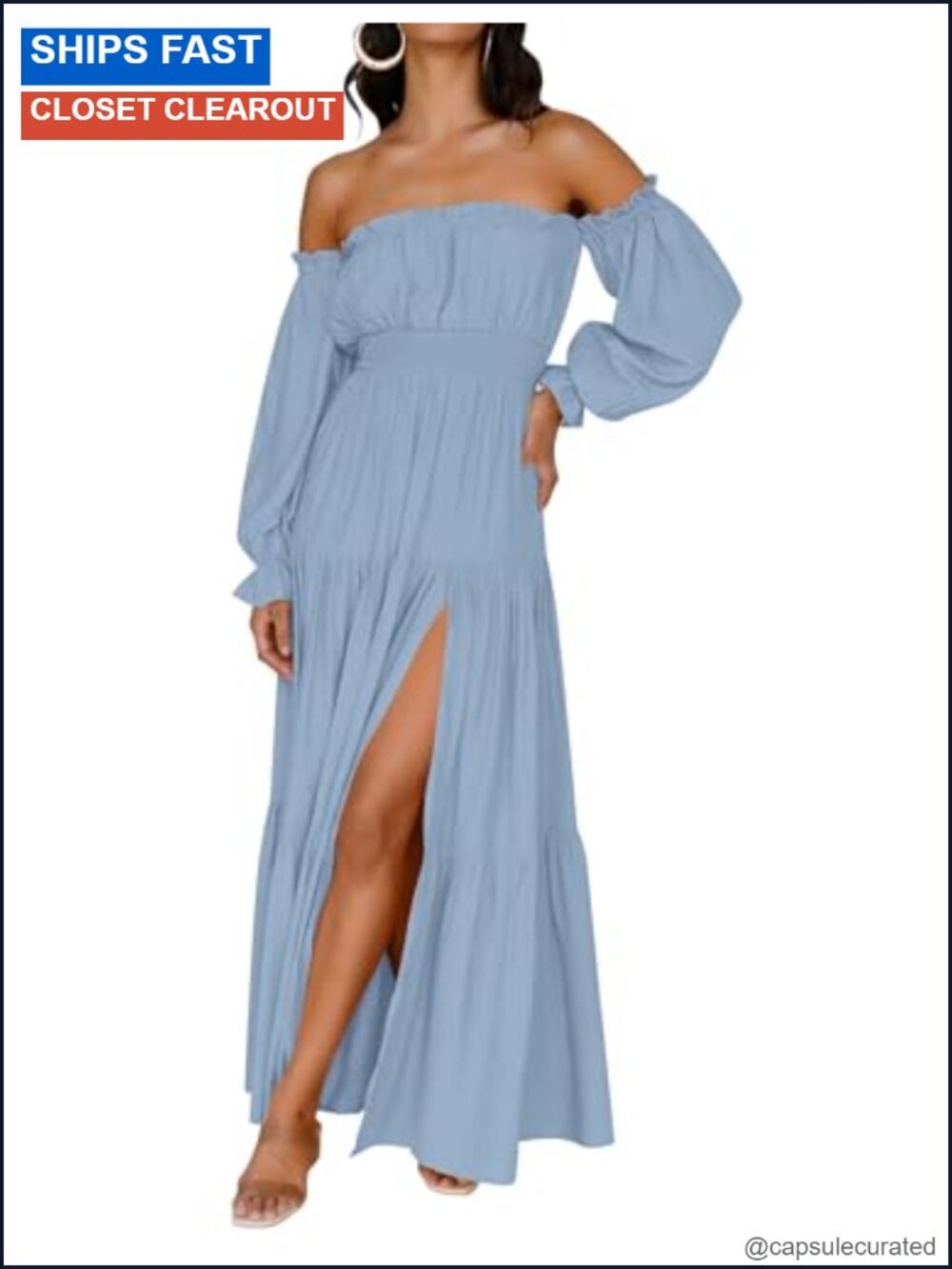 ZESICA Off Shoulder Maxi Dress Long Sleeve Boho Flounce High Slit
